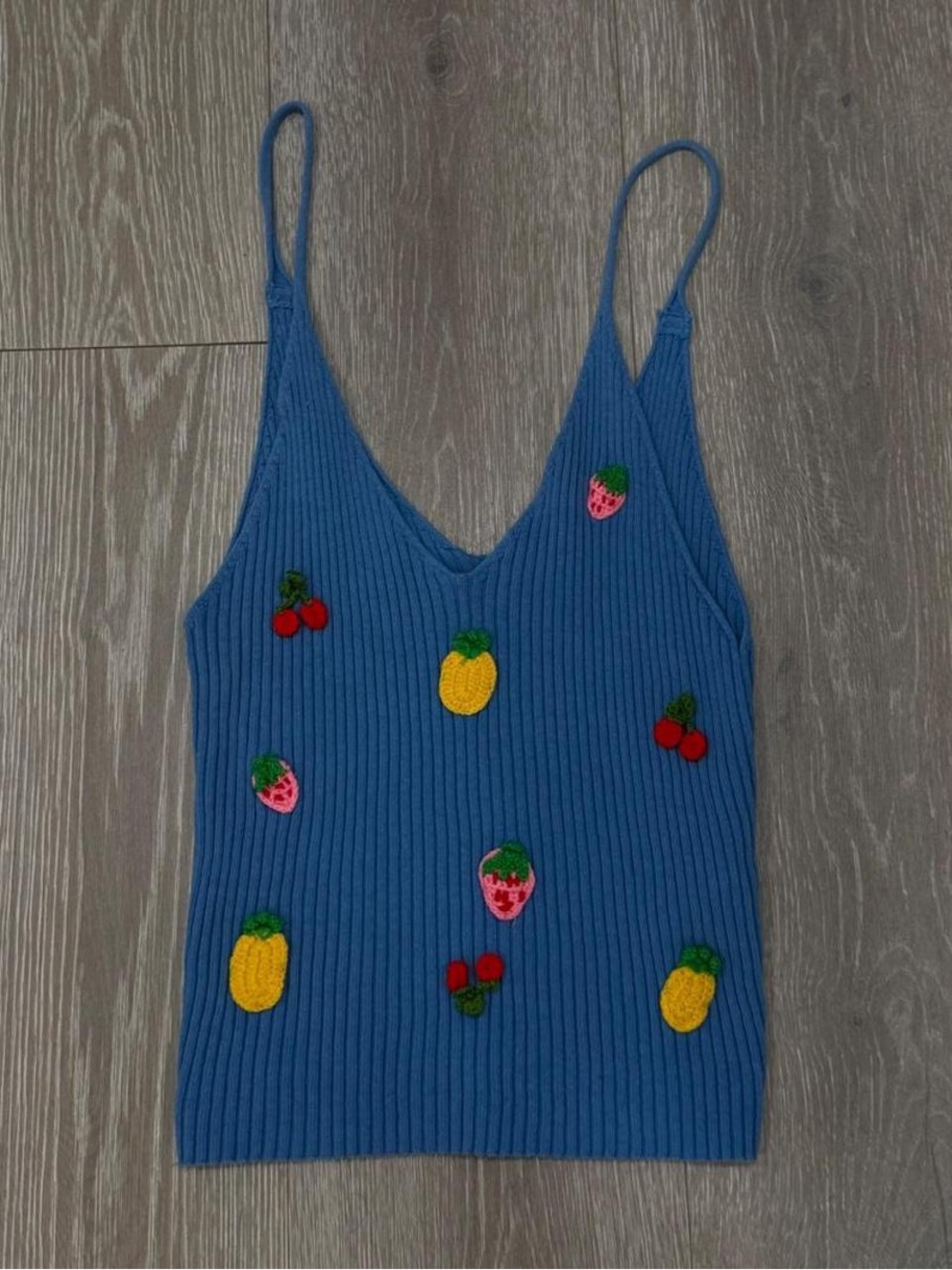 Zara Blue Ribbed Fruit Appliqué Cami